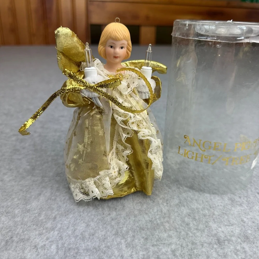 Trim A Home Vtg Angel Pigtail Light Tree Topper Gold Lace Porcelain‎ 048931-117